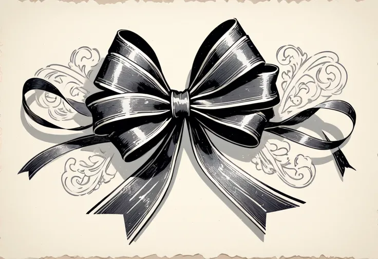 masterpiece、super beautiful、８K、Asymmetric、Long wavy ribbon、flat、An illustration of a ribbon tied in a bowknot, drawn with worn lines in the style of medieval black and white letterpress printing.