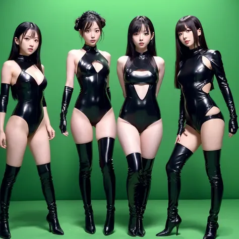 Three cute, beautiful Japanese girls are wearing super sexy black outfits. The camera angle is a full shot, so the characters whole bodies are in the shot. The characters are facing forward and trying to walk. The background is a single-colored green scree...