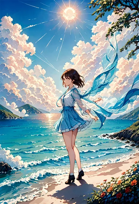 1 girl,alone,blue sky, Ocean, Short skirt, (Highly detailed background:1.0), (Highly detailed background:1.0),