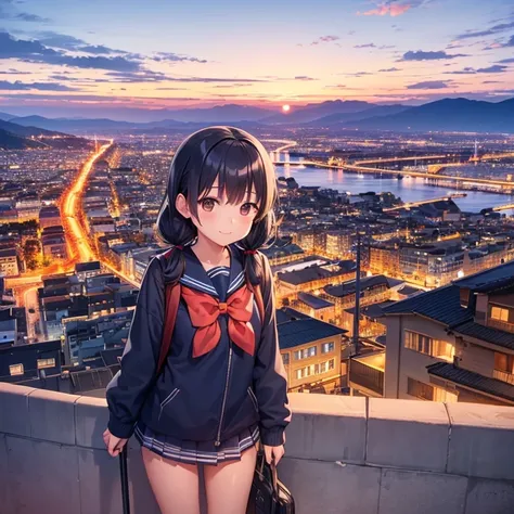 best quality, detailed, masterpiece, 1 girl, standing, gentle smile, 15yo, (low twintails:1.4), low pigtails, black hair, long hair, (navy blue sailor suit with blue ribbon:1.2), long sleeves, (dark brown eyes), (school bag), from the front, from little ab...