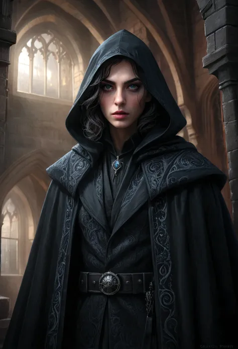 A dark sorcerer in a long black cloak, detailed face, intense eyes, beautiful detailed lips, extremely detailed face and eyes, longeyelashes, intricate patterns on the cloak, dark magic swirling around, ominous castle of Hogwarts, gothic architecture, mood...