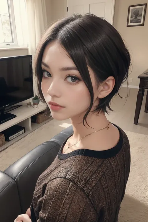 Handsome woman with short hair ,living room