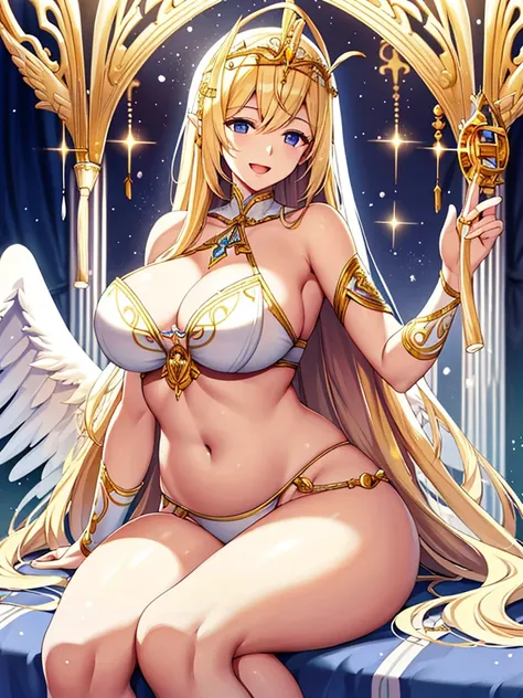 A priestess wearing a white bikini,Valkyrie、Beautiful long legs、Thick thighaternal、Body Length、chief、Sitting on the bed with legs stretched out、Wearing a golden tiara、Angel Wings,belly button,simple,Particles of light,Thighs,Shiny skin,Big Mouth、Perfect li...