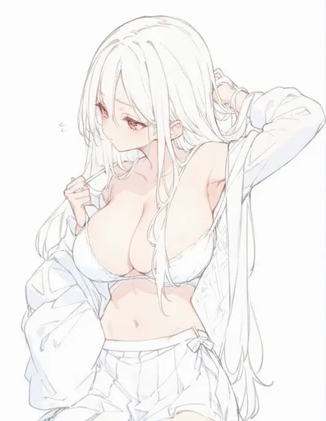 a drawing of a woman with long white hair and large breasts sitting, 1girl, breasts, solo, long hair, large breasts, navel, skirt, red eyes, white hair, white background, simple background, cleavage, white skirt, pleated skirt, underwear, bra, open clothes