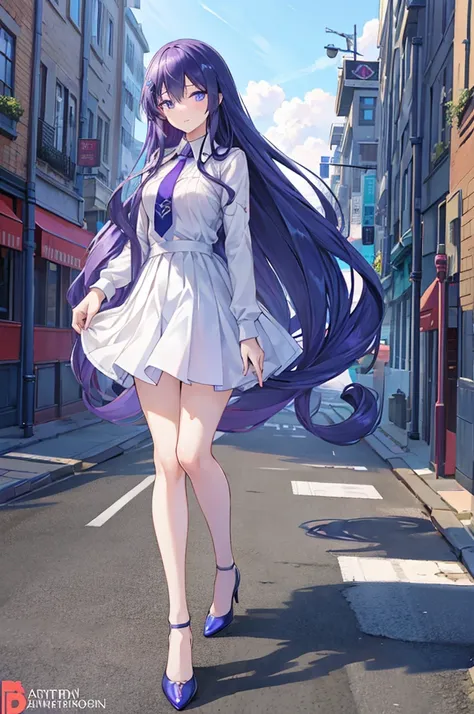 Anime girl with long hair and blue eyes standing on a city street, ArtStation Pixivでトレンド, Purple eyes, Blue tie, beautiful (Fine grain, Detailed face,) Ahegao, Euradev, Noble Temperament, High heels, No watermark