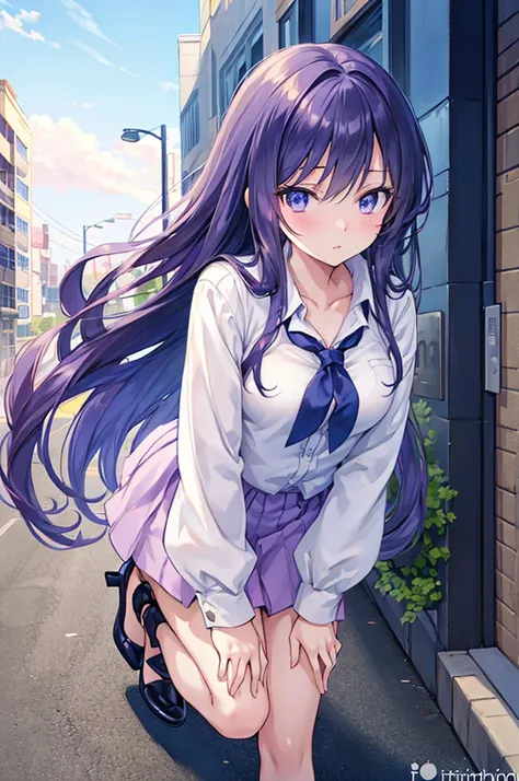 Anime girl with long hair and blue eyes standing on a city street, ArtStation Pixivでトレンド, Purple eyes, Blue tie, beautiful (Fine grain, Detailed face,) Ahegao, Euradev, Noble Temperament, High heels, No watermark