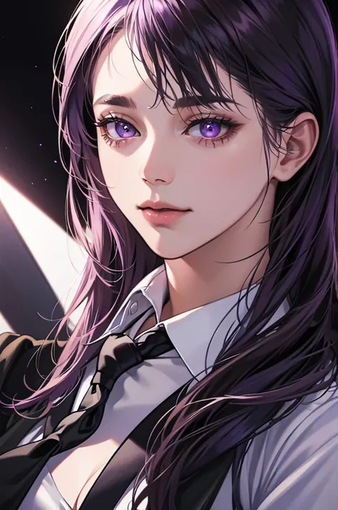 a confident girl with purple long hair wearing a white shirt, black tie, and black coat, close-up portrait, detailed, realistic, masterpiece, best quality, 8k, hyper detailed, photorealistic, professional lighting, vivid colors, intricate details, concept ...