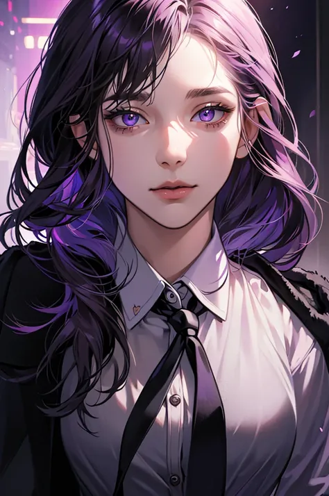 a confident girl with purple long hair wearing a white shirt, black tie, and black coat, close-up portrait, detailed, realistic, masterpiece, best quality, 8k, hyper detailed, photorealistic, professional lighting, vivid colors, intricate details, concept ...