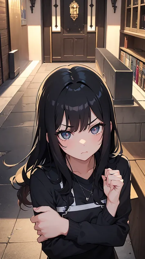 masterpiece,One black-haired beautiful girl,Looking down from above,Angry face,In front of,cute,Moist eyes,Fist,In town