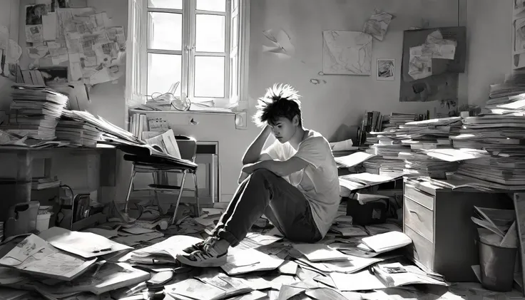 Draw a sketch illustration of a teenager with a chaotic mind. The teenager is sitting in the corner of a messy room, holding their head with disheveled hair. Surrounding them are various objects like scattered papers, open books, and gadgets lying around h...