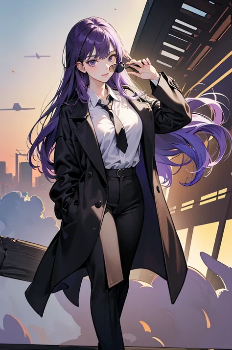 ((masterpiece)),((best quality)),((High Detail)),(8K)) ((Extremely detailed))  Cartoonist illustration, full-body shot，close up，A girl，Purple Hair，Waist-length hair，lol，自信的lol，Wearing a white shirt，Wear a black tie，Wear it over a black trench coat，Wear bla...