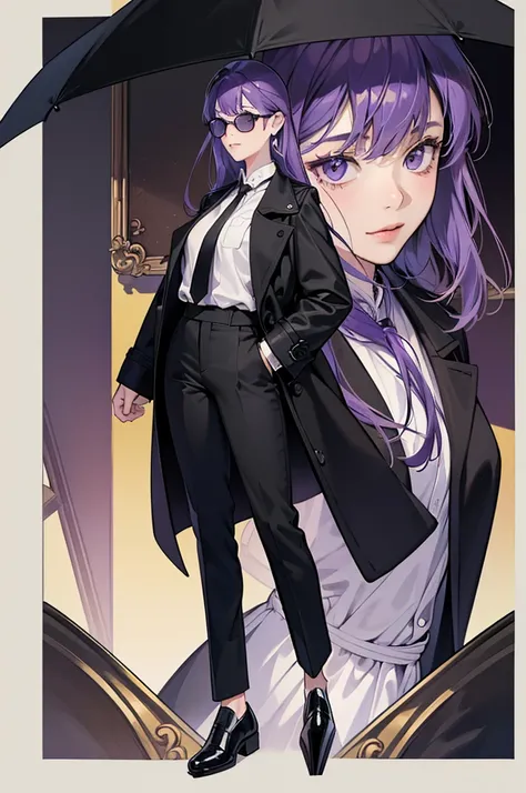 ((masterpiece)),((best quality)),((High Detail)),(8K)) ((Extremely detailed))  Cartoonist illustration, full-body shot，close up，A girl，Purple Hair，Waist-length hair，lol，自信的lol，Wearing a white shirt，Wear a black tie，Wear it over a black trench coat，Wear bla...