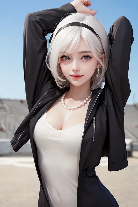 (cute girl), (white hair, blue eyes, smooth skin:1.1),pearl necklace and earrings , (beautiful, 20 years girl), slim, cutie smile, slender, (cute clothes), (Black dress and jacket), hairband, heart ring, Stadium in background, arms behind back, arms up and...