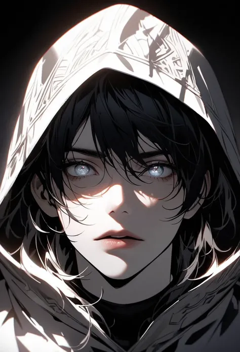 a man with short black hair with smoky gray tips, beautiful detailed eyes, beautiful detailed lips, extremely detailed face, black shirt, black and white background, hood, dramatic lighting, cinematic, moody, high contrast, dark fantasy