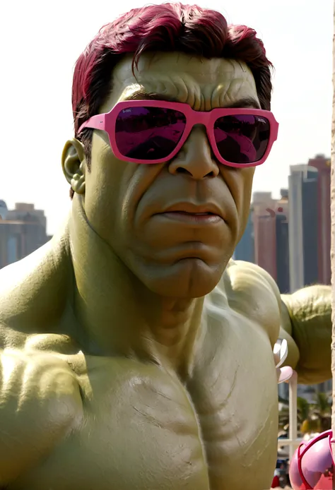 The incredible hulk is striking a noble pose, he is wearing huge pink beach sunglasses
