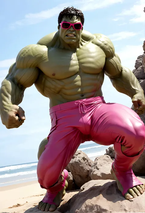 The incredible hulk is striking a noble pose, he is wearing huge pink beach sunglasses
