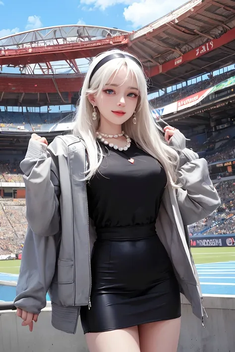 (cute girl), (white hair, blue eyes, smooth skin:1.1),pearl necklace and earrings , (beautiful, 20 years girl), slim, cutie smile, slender, (cute clothes), (Black dress and jacket), hairband, heart ring, Stadium in background, arms hold awm gun ,   seduciv...