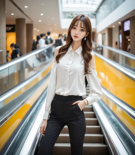 araffe woman in black top and black pants standing on escalator, korean girl, beautiful south korean woman, korean womens fashion model, gorgeous young korean woman, ulzzang, korean woman, beautiful young korean woman, lalisa manobal, sakimichan, asian gir...