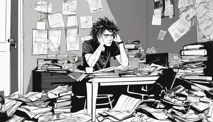 Draw a sketch illustration of a teenager with a chaotic mind. The teenager is sitting in the corner of a messy room, holding their head with disheveled hair. Surrounding them are various objects like scattered papers, open books, and gadgets lying around h...