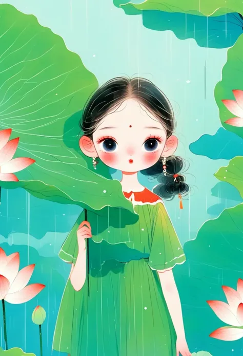 a girl in red standing in the lotus pond, big eyes，holding a large lotus leaf in hand. it was raining in the sky, the illustrati...