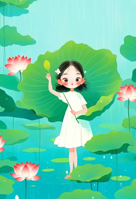 a girl in red standing in the lotus pond, big eyes，holding a large lotus leaf in hand. it was raining in the sky, the illustrati...