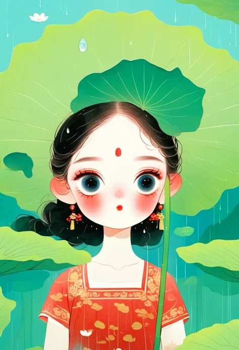 a girl in red standing in the lotus pond, big eyes，holding a large lotus leaf in hand. it was raining in the sky, the illustrati...