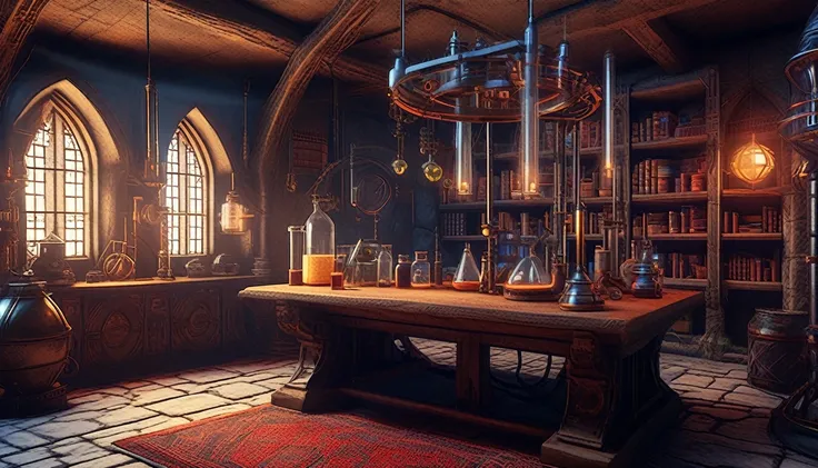 Medieval room with advenced sci-fi science laboratory