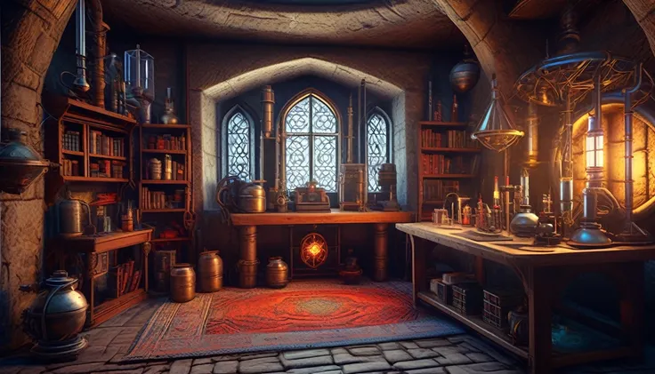 Medieval room with advenced sci-fi science laboratory