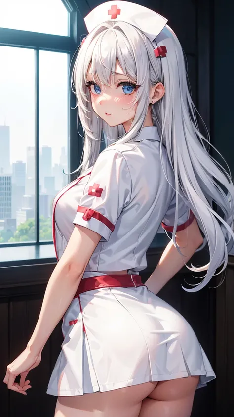 High resolution, Highest quality,  super high quality, Ultra-detailed, Cinematic lighting、(四つん這いのButt:1.5)、squat、woman 、(Nurse costume:1.5)、(White mini skirt:1.5)、Shaggy、White Hair、Blue eyes、Beautiful Skin、Beautiful Face、Embarrassing、Beautiful Eyes、Sweaty、...