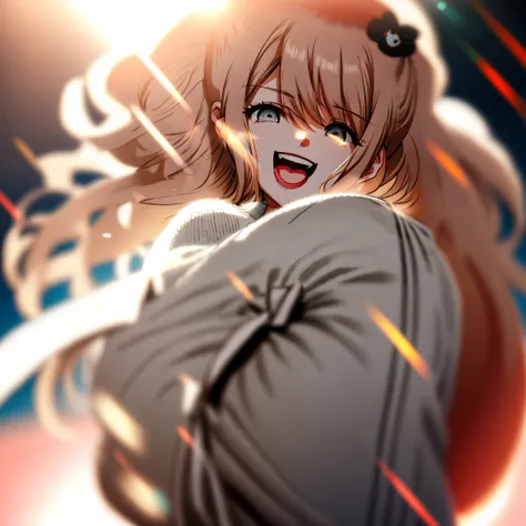 a girl, cosy sweater on, upper body, (huge Laughing:1.1), (open mouth:1.1), (wide open eyes:1.2), sun glare, bokeh, depth of field, blurry background, light particles, strong wind, (heart particles:1.1)