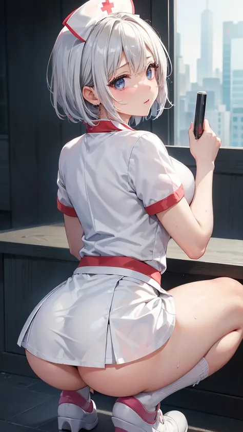 High resolution, Highest quality,  super high quality, Ultra-detailed, Cinematic lighting、(四つん這いのButt:1.5)、squat、woman 、(Nurse costume:1.5)、(White mini skirt:1.5)、Bobcut、White Hair、Blue eyes、Beautiful Skin、Beautiful Face、Embarrassing、Beautiful Eyes、Sweaty、...