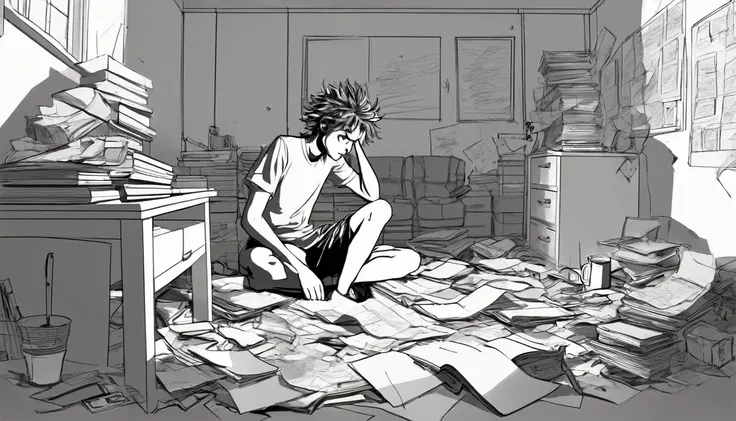 Draw a sketch illustration of a teenager with a chaotic mind. The teenager is sitting in the corner of a messy room, holding their head with disheveled hair. Surrounding them are various objects like scattered papers, open books, and gadgets lying around h...