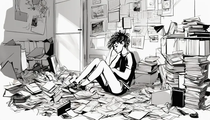 Draw a sketch illustration of a teenager with a chaotic mind. The teenager is sitting in the corner of a messy room, holding their head with disheveled hair. Surrounding them are various objects like scattered papers, open books, and gadgets lying around h...