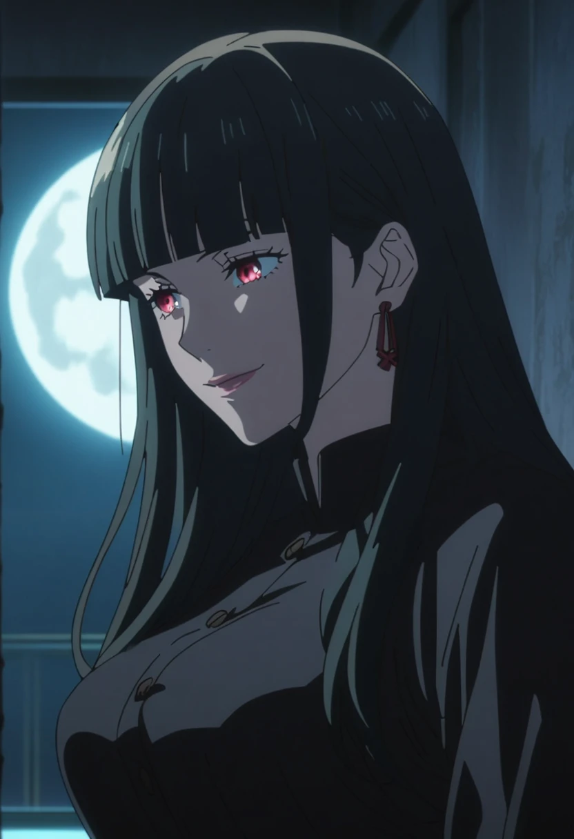 1girl, female gojo satoru, anime screencap from jujutsu kaisen, gojo satoru female version, solo, long_hair, Red eyes ((Black_hair)), night view, (hanging breasts) upper_body, smile, indoors, book, red_eyes, lips, (((blunt bangs))) ((wearing black colour c...