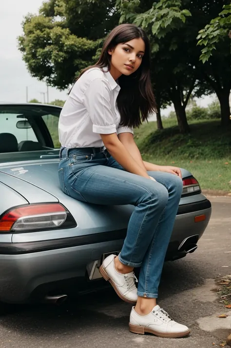 A women sitting on the car