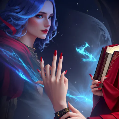 A womans hand，Red painted nails，Holding a magic book，Game CG，8K