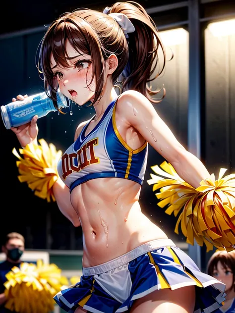 Highest Resolution,Highest quality,((Cheerleader holding a sports drink))A beautiful girl with a crying face,sunny,Tears and saliva dripping,Brown hair ponytail,Sweating profusely,whole body,Belly button,Abdominal muscles,