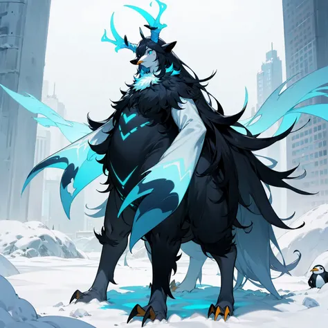 Mixed Animaly Evolution, Full body version, watusi mixed with penguin, blue eyes, has four long horns, largest body, very tall height, Grassroots in snow, in the middle of the city, his body glows blue, glows blue, long hair blue half black, 