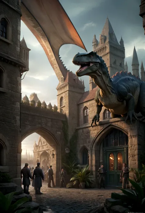 detailed dinosaur horde, castle hogwarts, (best quality,4k,8k,highres,masterpiece:1.2),ultra-detailed,(realistic,photorealistic,photo-realistic:1.37),cinematic lighting,dramatic angles,epic scale,intricate architecture,glowing magic effects,vivid colors,dr...