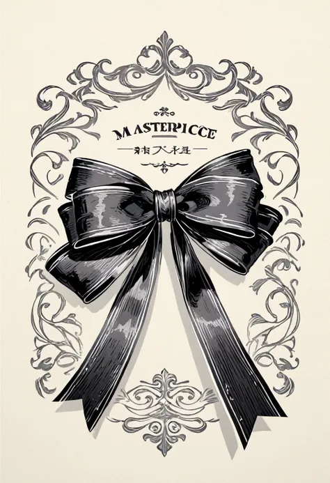 masterpiece、super beautiful、８K、Asymmetric、Long wavy ribbon、flat、An illustration of a ribbon tied in a bowknot, drawn with worn lines in the style of medieval black and white letterpress printing.