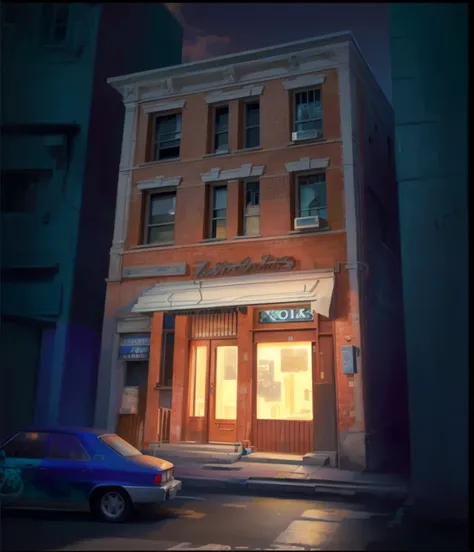 painting of a building with a car parked in front of it, lighting study, artstation hq”, detailed scene, stylized urban fantasy artwork, buildings photorealism, digitally painted, inspired by George Benjamin Luks, freddy mamani silvestre facade, zootopia c...