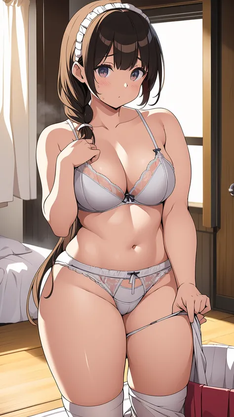 High resolution、4K quality、Highest quality、younger sister、Lolita、pantiesが床に落ちている、Surprised expression、白のコットンpanties、panties、used underwear、Crotch stain、Discarded underwear、panties単体、Laundry basket、strip、Underwear is scattered、Underwear is scattered、床一面たくさん...