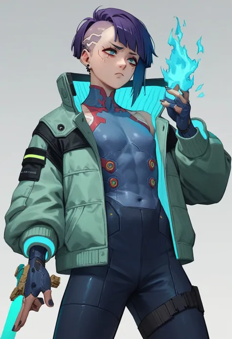 tanjiro wearing light green cyberpunk jacket, blue sword, blue fire and aura around him, cyberpunk theme, 4k, ultra-sharp