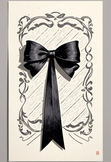 masterpiece、super beautiful、８K、Asymmetric、Long wavy ribbon、flat、An illustration of a ribbon tied in a bowknot, drawn with worn lines in the style of medieval black and white letterpress printing.