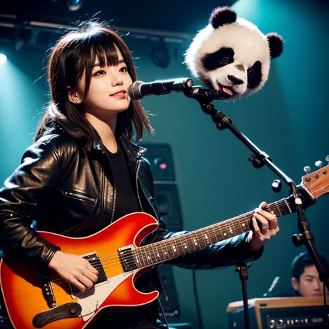 Panda wearing a leather jacket and playing guitar in the studio