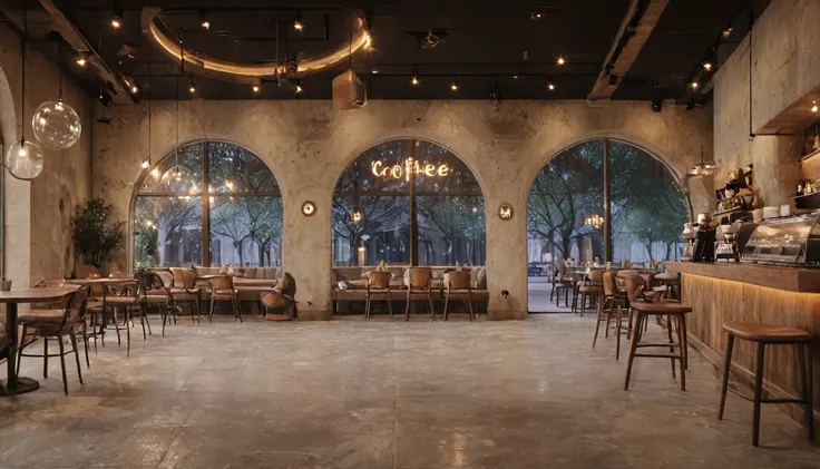 cozy coffee shop interior at night with a big window in the center