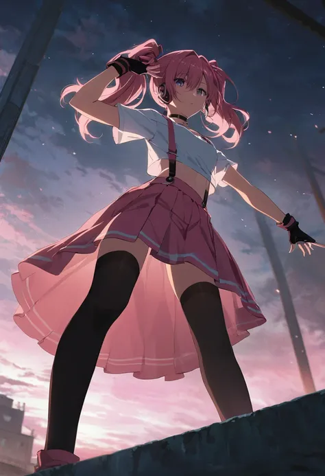 ,(mediumshot:1),kujikawadancing, twintails, hair bow, headphones, white shirt, crop top, short sleeves, suspenders, pink skirt, black thighhighs, fingerless gloves, single glove, choker, midriff,v-over eyes,,cinematic, anime screencap:0.8, official art, ma...