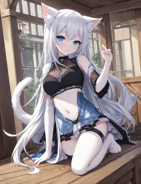 (4k,masterpiece, best quality:1.2), 1 girl, alone，wolf tail，cat ears，White fur，blue eyes，long white hair