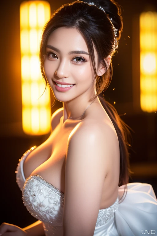 a gorgeous busty woman, ponytail, bride, beautiful detailed smile, beautiful detailed teeth, POV, lover, cinematic dramatic lighting, (best quality,4k,8k,highres,masterpiece:1.2),ultra-detailed,(realistic,photorealistic,photo-realistic:1.37),HDR,UHD,studio...