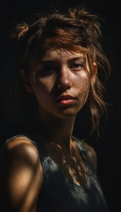 portrait of a shadowy girl in the void, highly textured imperfect acne skin, cute hair accessories, light and shadow, anti-aliasing, color-graded, floating motes, dynamic volumetric lighting, nikon D850